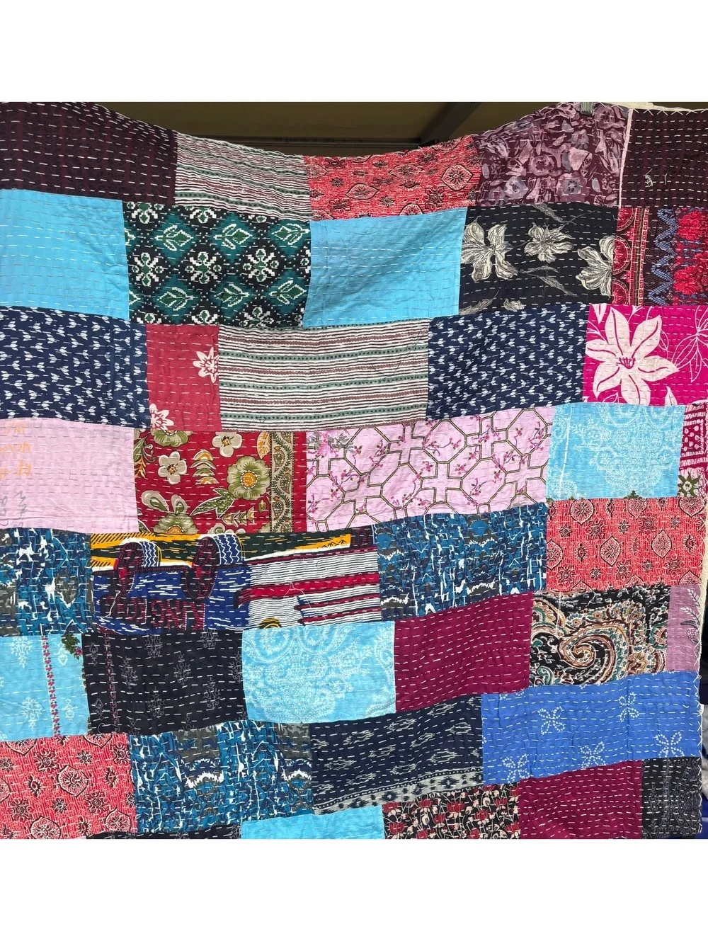 Handmade Indian Patchwork Kantha Quilt 106x90 King Bedspread